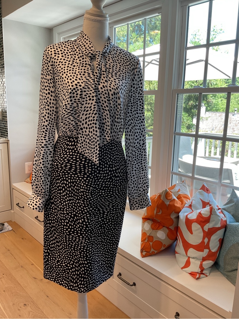 Donna Karan White & Black Polka Dot dress knee length